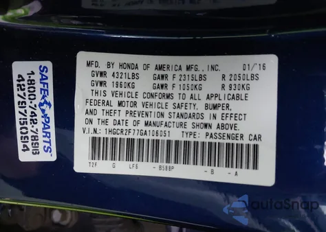 2016 Honda Accord Ex from USA, damaged, VIN 1HGCR2F77GA106051